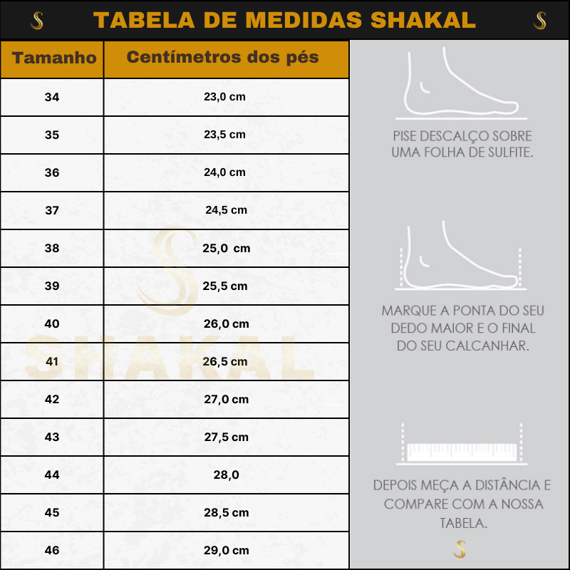 Tabela de Medida  de Tênis e sapatos 